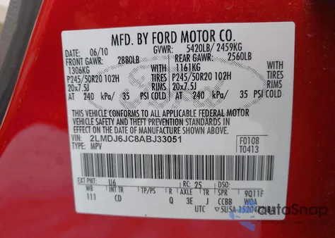 2010 Lincoln Mkx from USA, damaged, VIN 2LMDJ6JC8ABJ33051